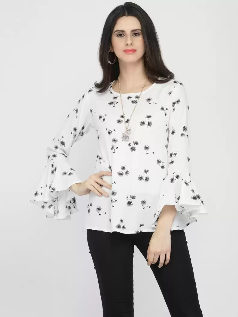 TANDUL  Casual Bell Sleeves Printed Women White Top