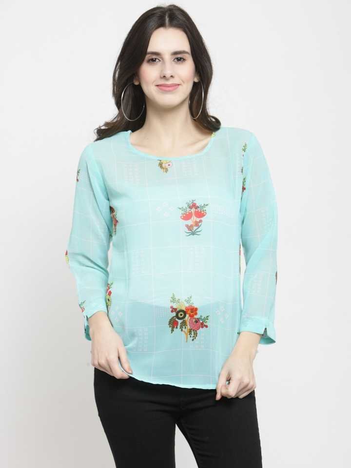 TANDUL  Casual Regular Sleeves Printed Women Blue Top