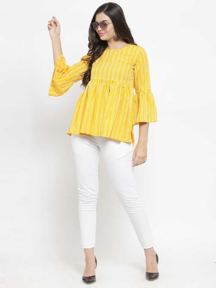 TANDUL  Casual Bell Sleeves Striped Women Yellow Top