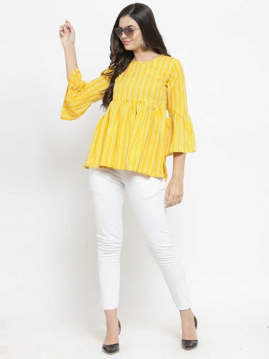 TANDUL  Casual Bell Sleeves Striped Women Yellow Top