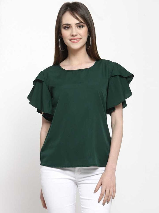 TANDUL  Casual Petal Sleeves Solid Women Dark Green Top