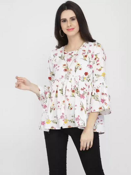 TANDUL  Casual Bell Sleeves Printed, Floral Print Women White Top