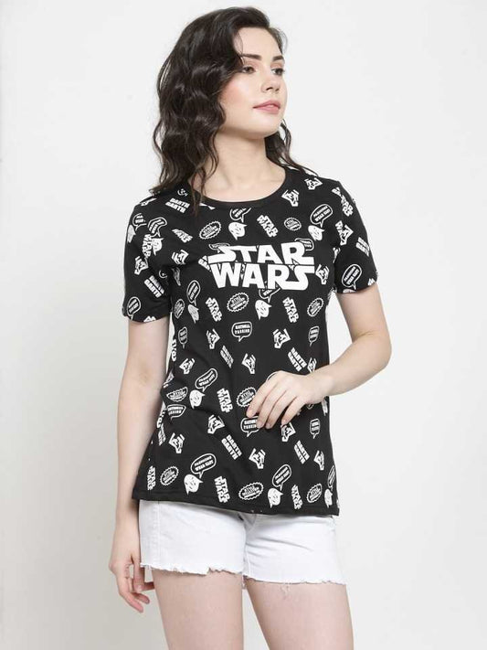 TANDUL  Printed Women Round Neck Black T-Shirt