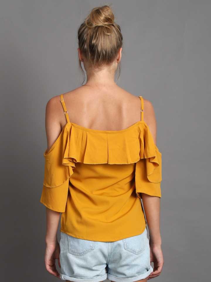 Casual Cold Shoulder Sleeves Solid Women Yellow Top