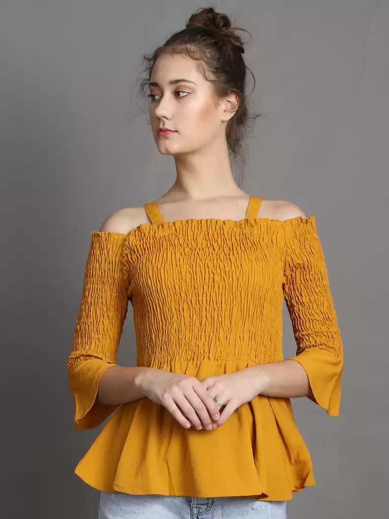 TANDUL  Casual Regular Sleeves Solid Women Yellow Top