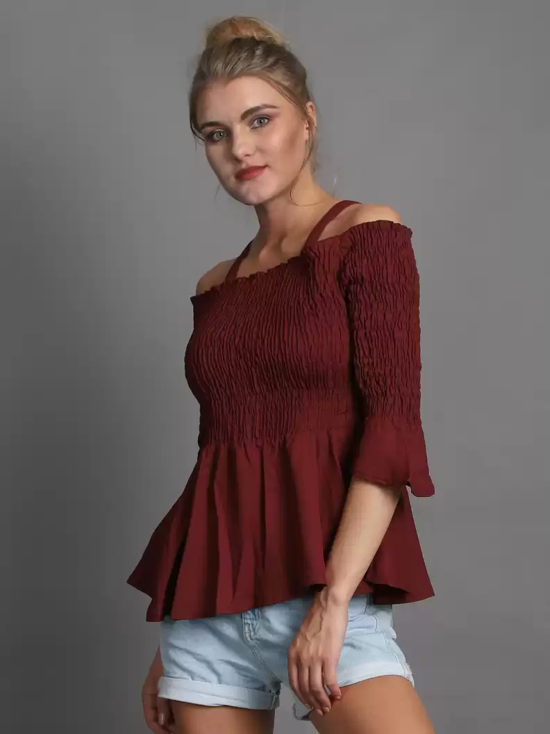 TANDUL  Casual Regular Sleeves Solid Women Maroon Top