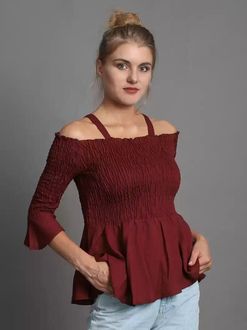 TANDUL  Casual Regular Sleeves Solid Women Maroon Top