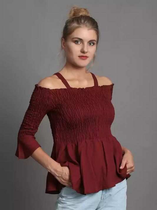 TANDUL  Casual Regular Sleeves Solid Women Maroon Top