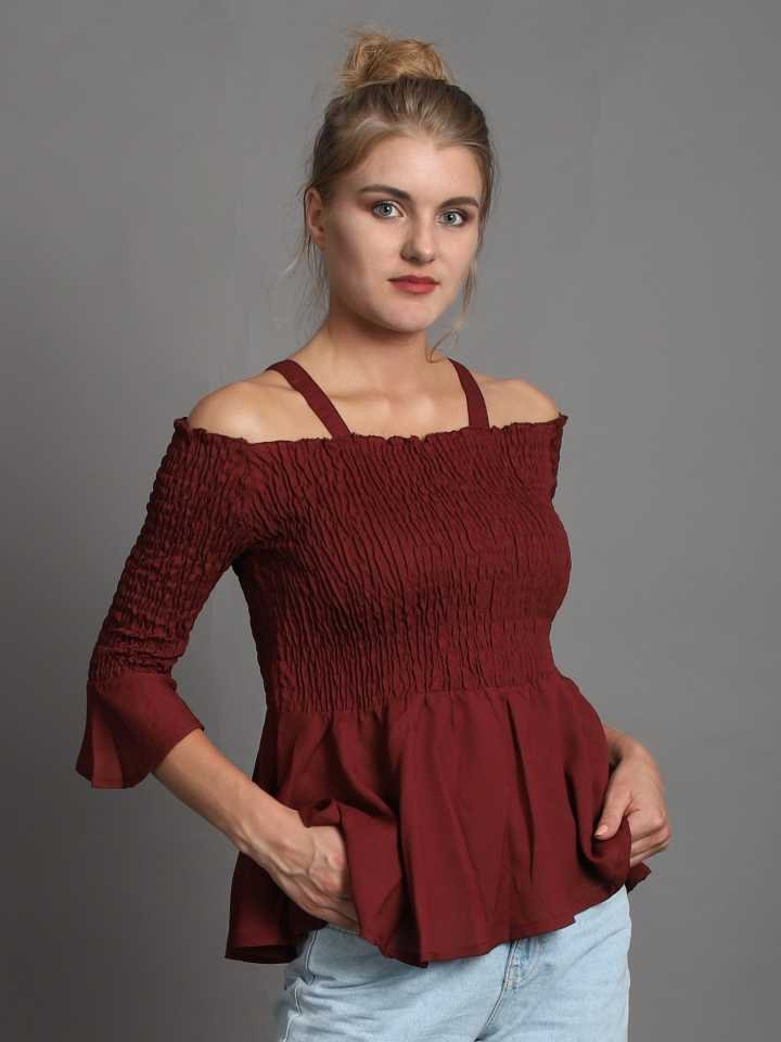 TANDUL  Casual Regular Sleeves Solid Women Maroon Top