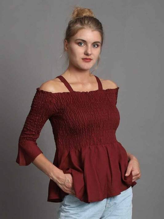 TANDUL  Casual Regular Sleeves Solid Women Maroon Top