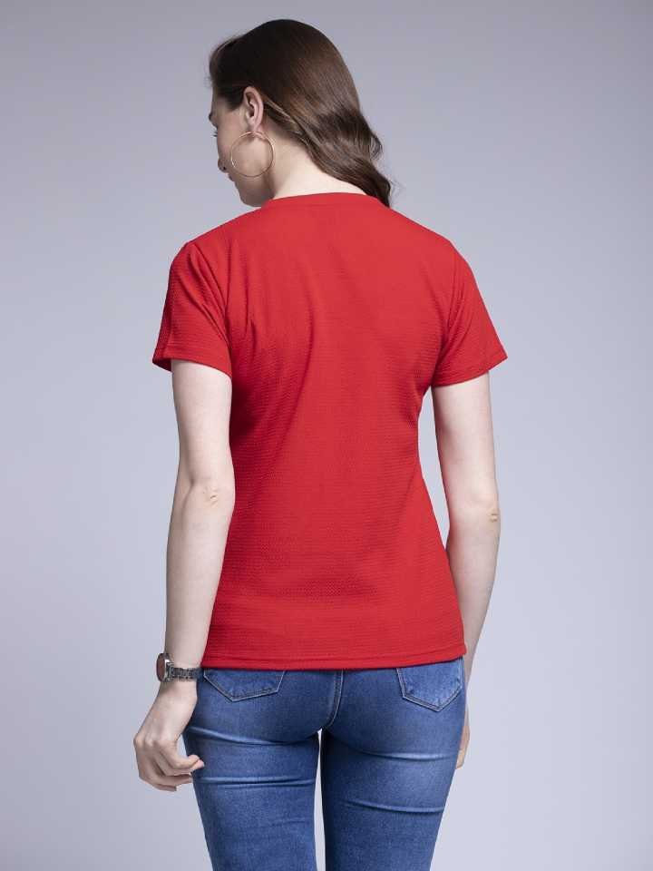 Stacked Flame Solid Women Round Neck Red T-Shirt