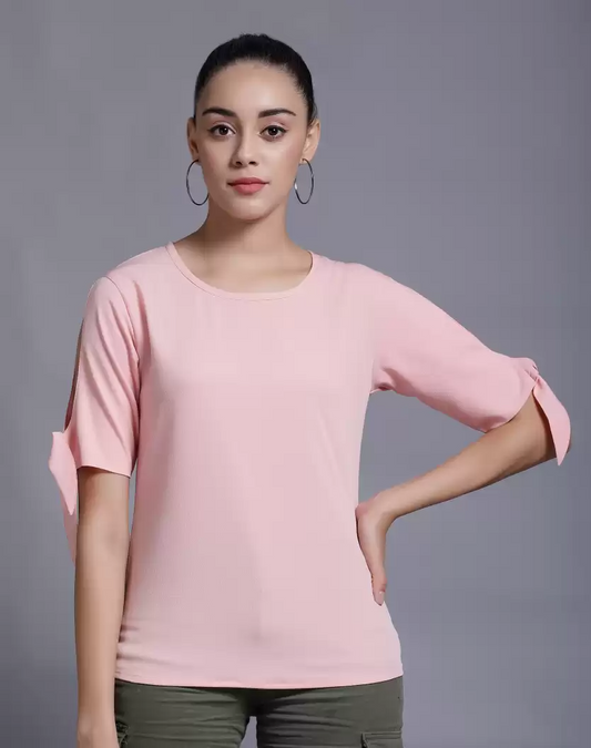 TANDUL  Casual Cold Shoulder Sleeves Solid Women Pink Top