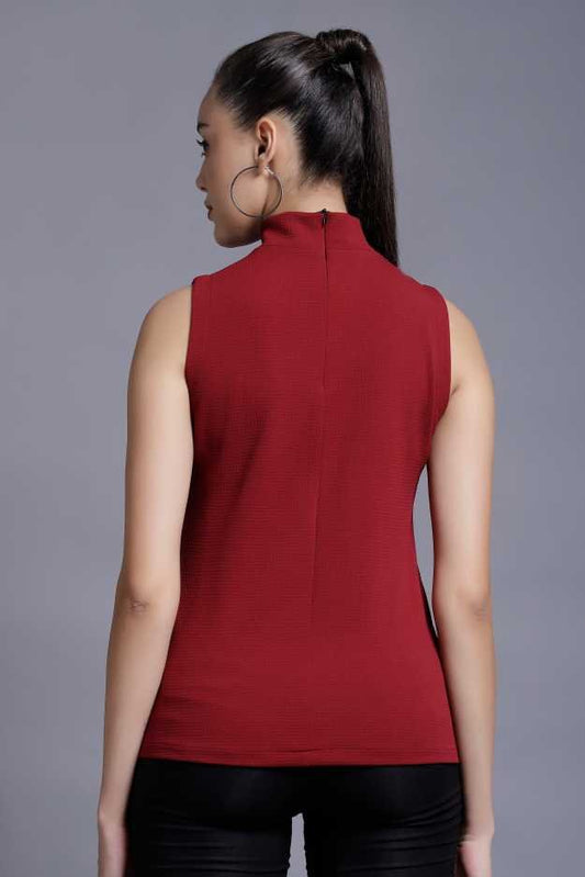 Casual Sleeveless Solid Women Maroon Top