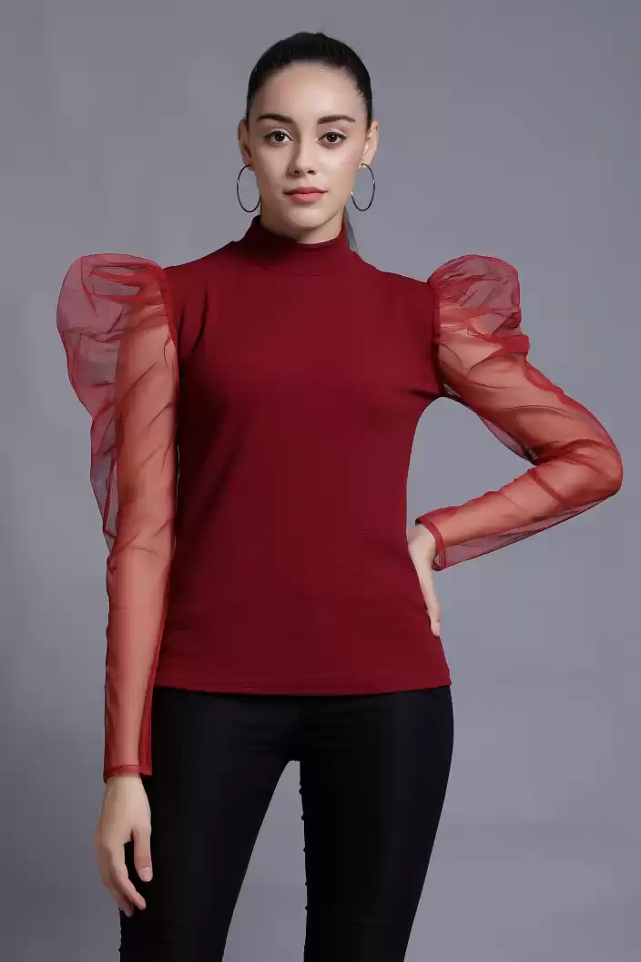 TANDUL  Casual Puff Sleeves Solid Women Maroon Top