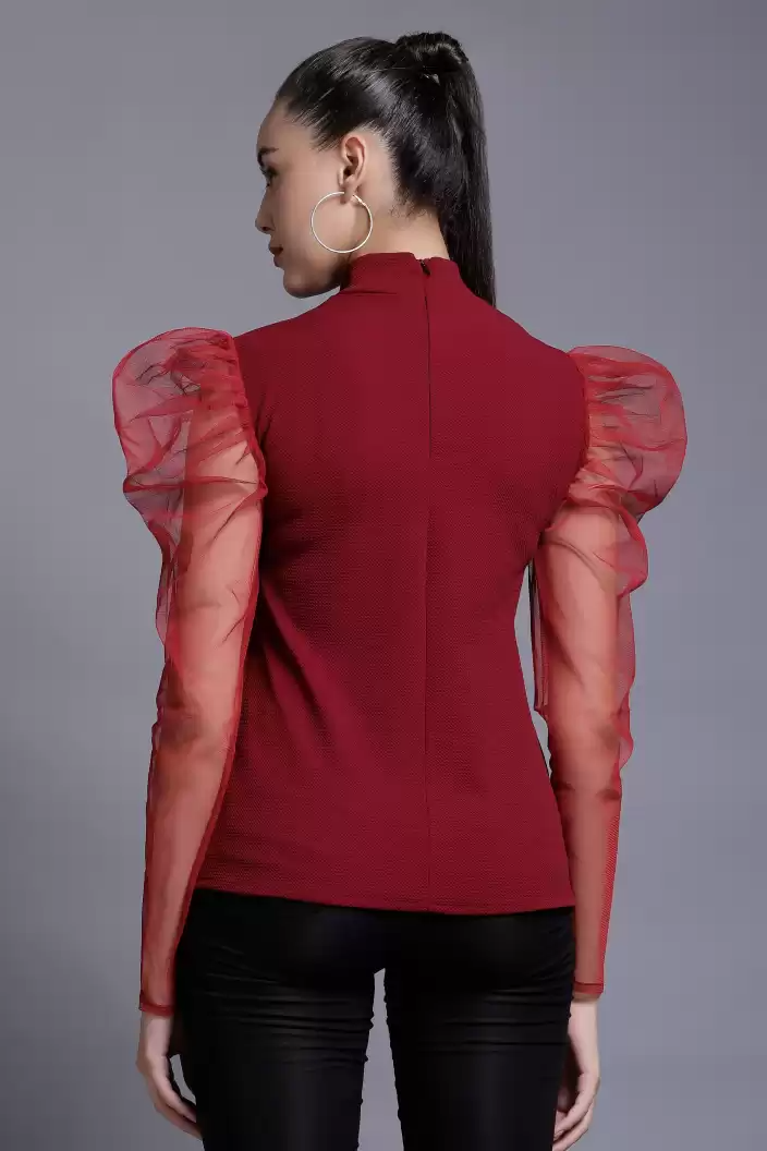 TANDUL  Casual Puff Sleeves Solid Women Maroon Top