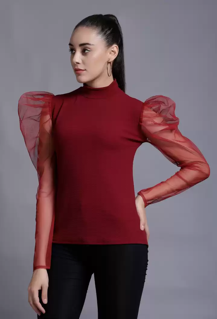 TANDUL  Casual Puff Sleeves Solid Women Maroon Top