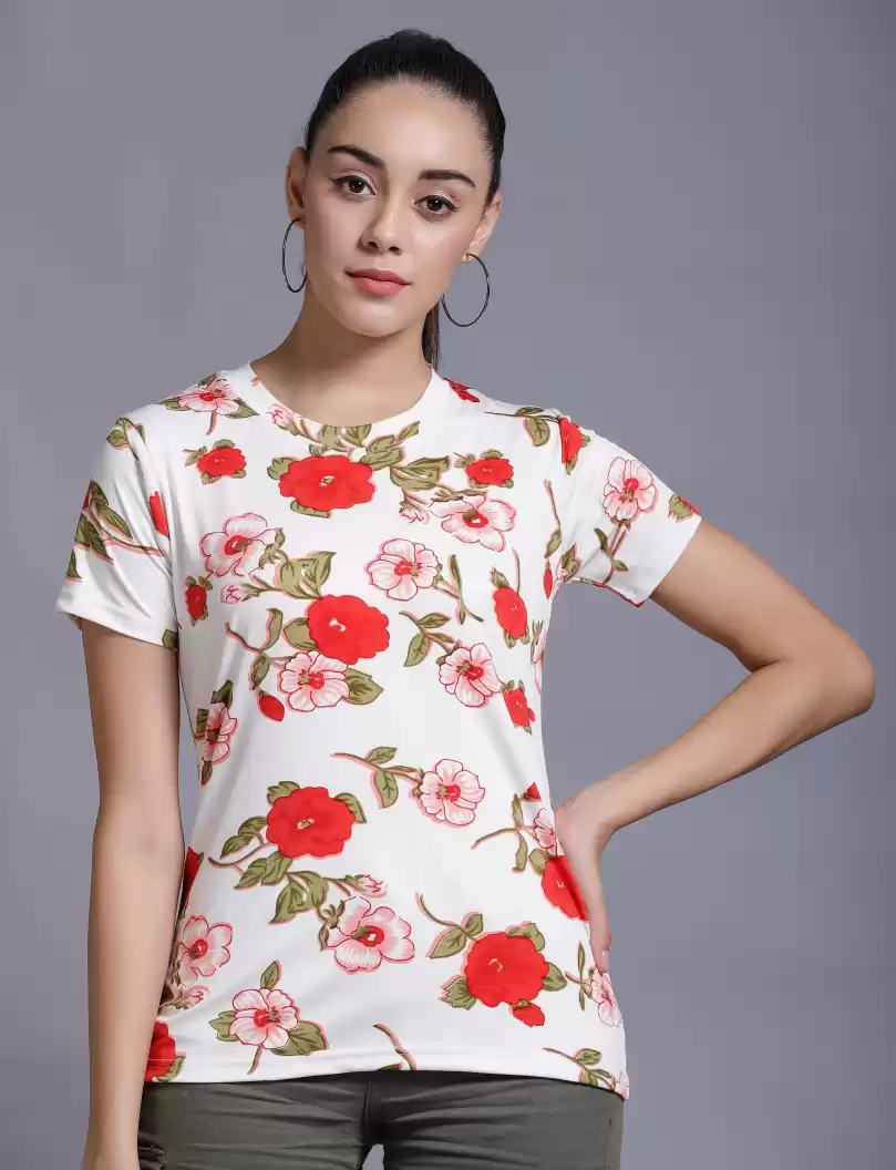 TANDUL  Casual Regular Sleeves Floral Print Women White Top