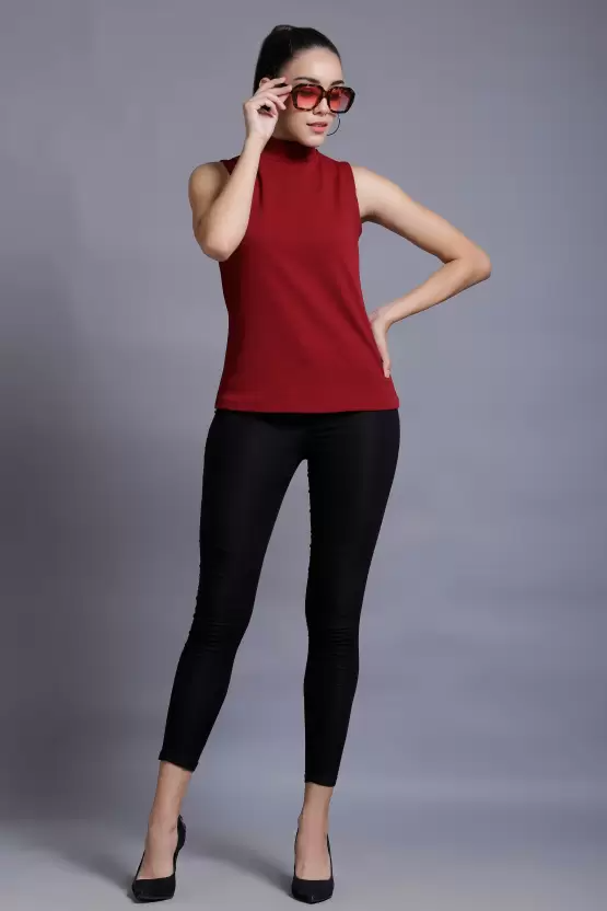 Casual Sleeveless Solid Women Maroon Top