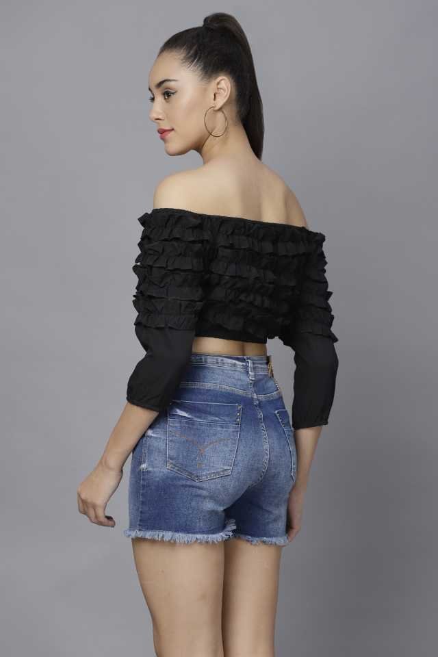 Stacked Flame Casual Regular Sleeves Solid Women Black Top