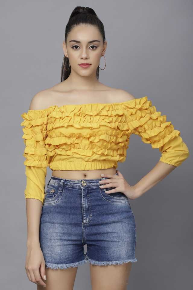 Stacked Flame Casual Regular Sleeves Solid Women Yellow Top