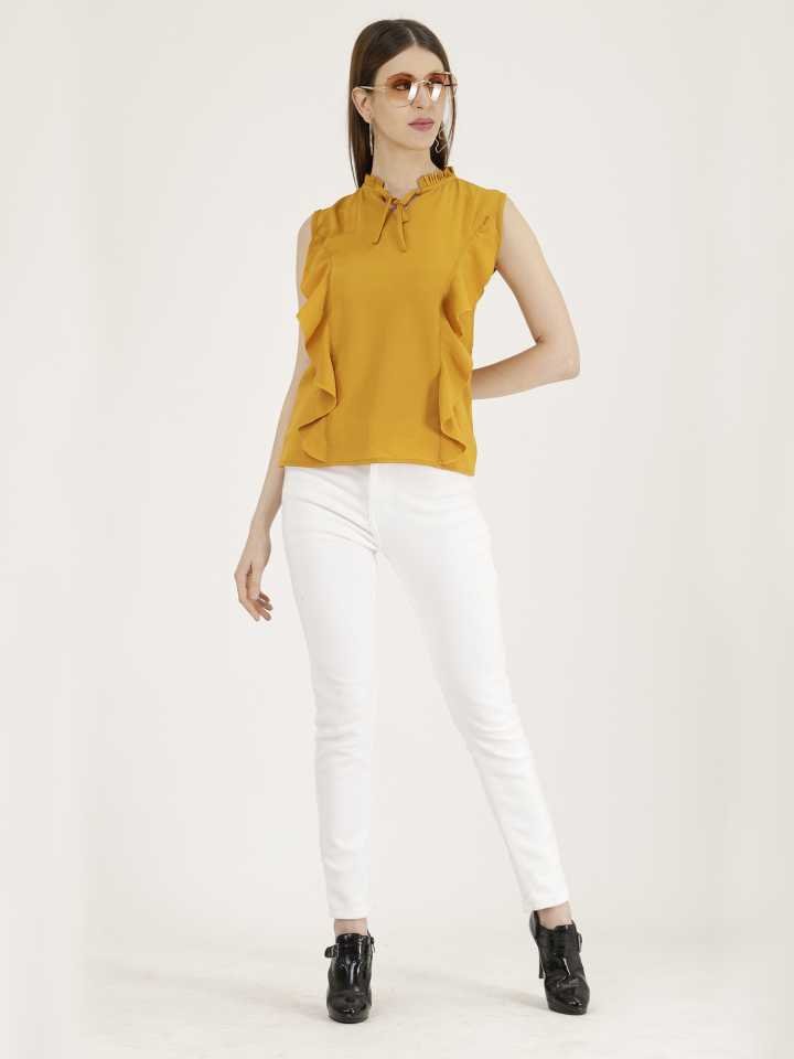 TANDUL  Casual Sleeveless Solid Women Yellow Top
