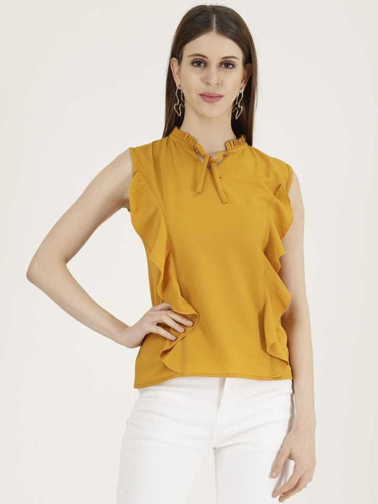 TANDUL  Casual Sleeveless Solid Women Yellow Top