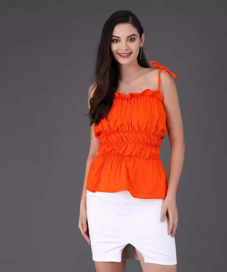 TANDUL  Casual Sleeveless Solid Women Orange Top