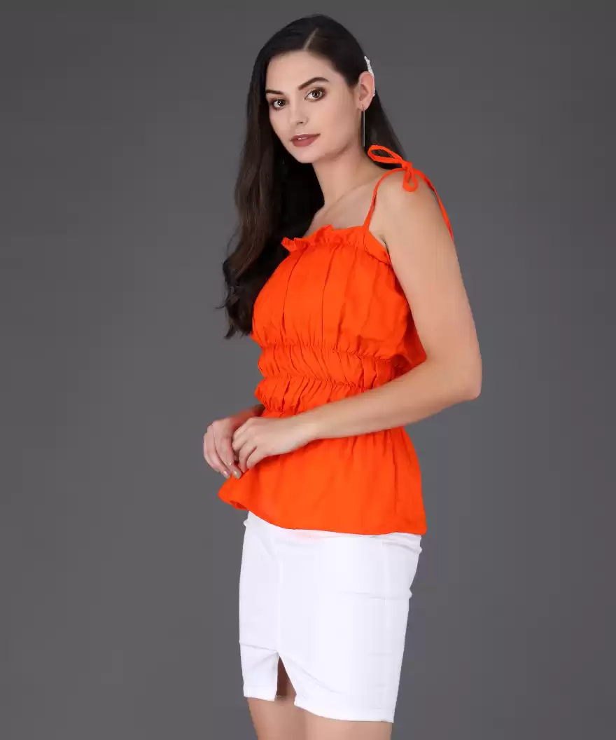 TANDUL  Casual Sleeveless Solid Women Orange Top