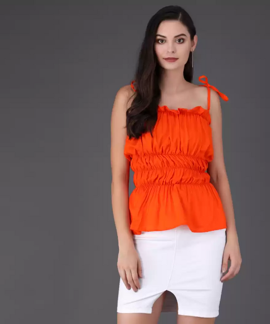 TANDUL  Casual Sleeveless Solid Women Orange Top