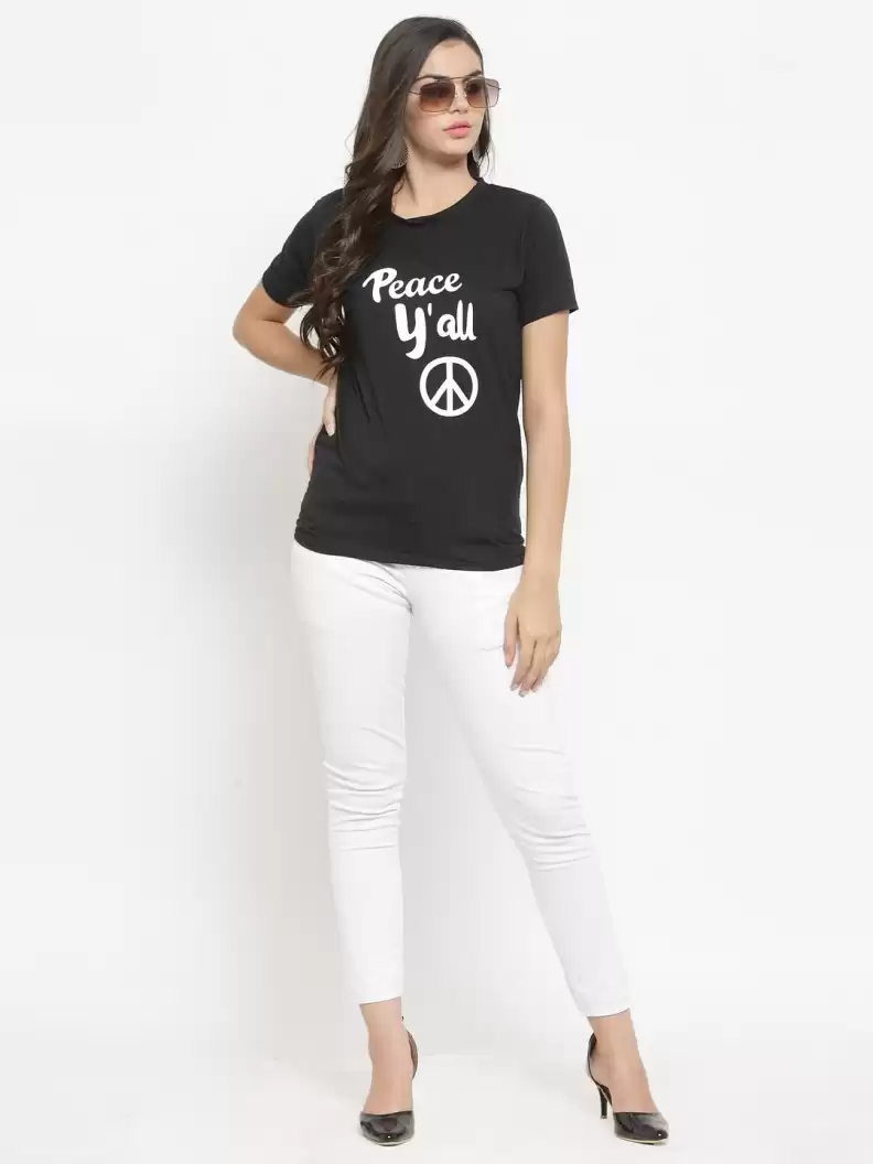 Stacked Flame Graphic Print Women Round Neck Black T-Shirt