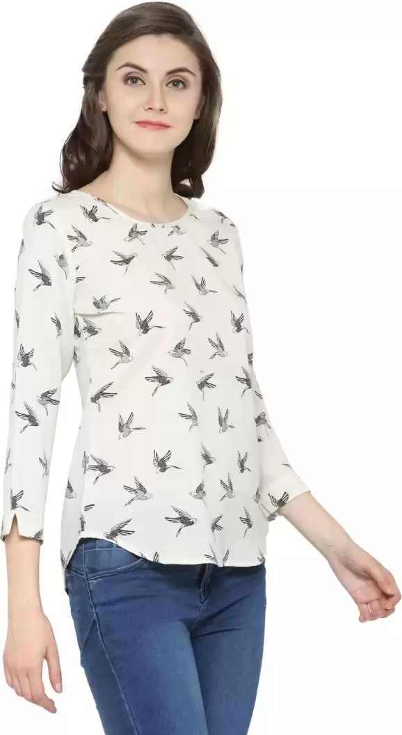 TANDUL  Casual Regular Sleeves Graphic Print Women White Top