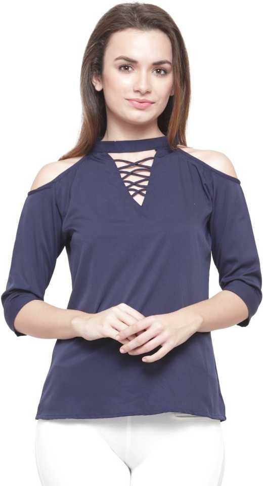 TANDUL  Casual Cold Shoulder Sleeves Solid Women Dark Blue Top