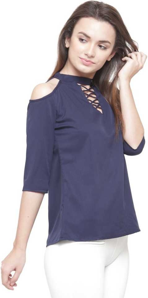 TANDUL  Casual Cold Shoulder Sleeves Solid Women Dark Blue Top