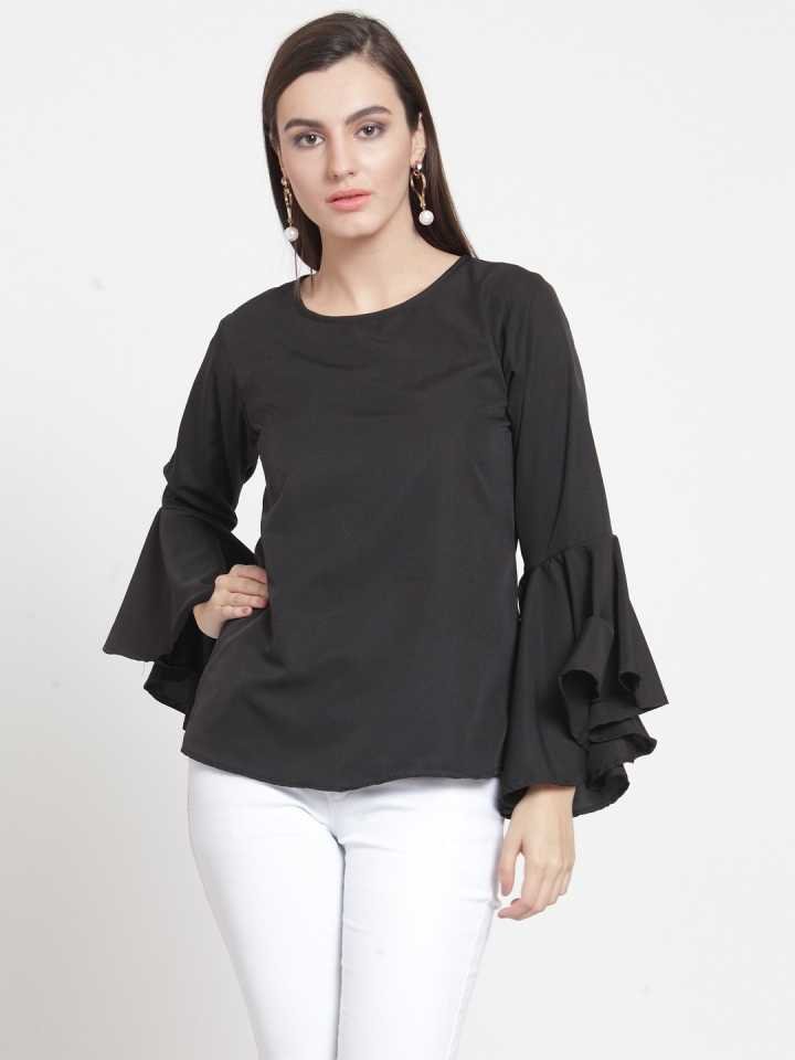 TANDUL  Casual Bell Sleeves Solid Women Black Top