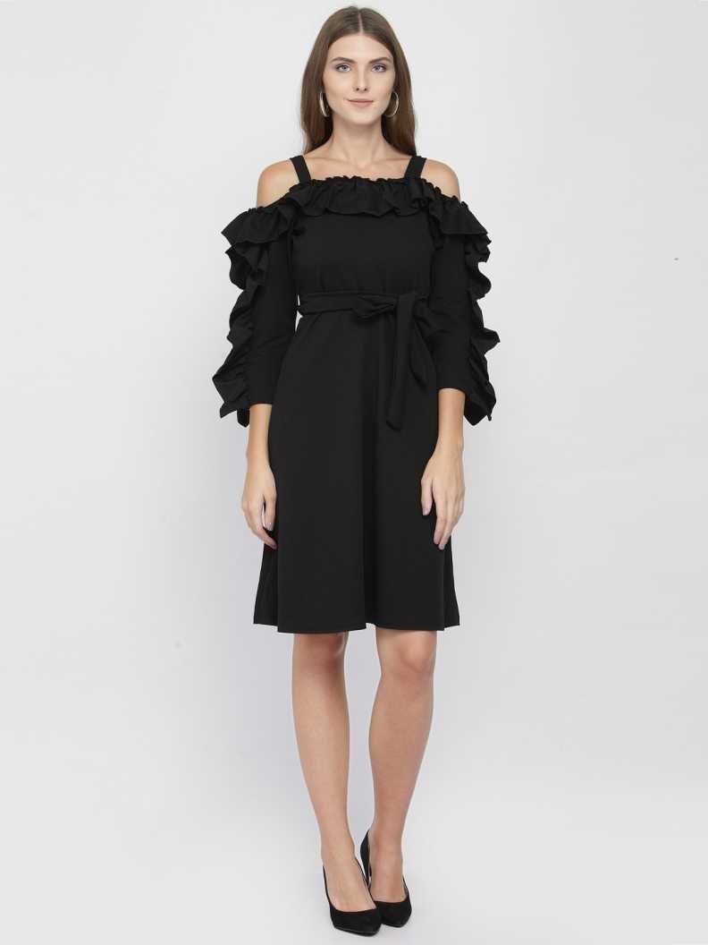 Women Ruffled Black Dress