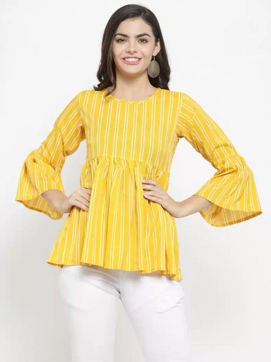 TANDUL  Casual Bell Sleeves Striped Women Yellow Top