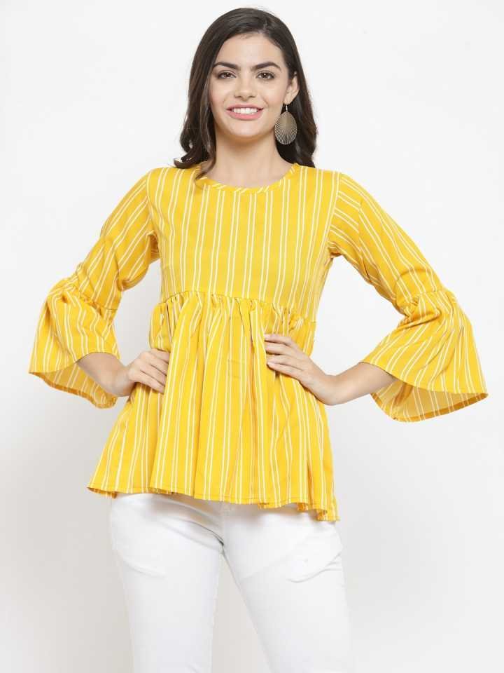 TANDUL  Casual Bell Sleeves Striped Women Yellow Top