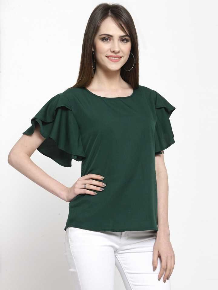 TANDUL  Casual Petal Sleeves Solid Women Dark Green Top