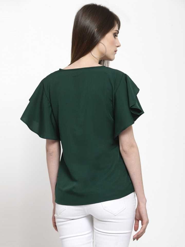 TANDUL  Casual Petal Sleeves Solid Women Dark Green Top