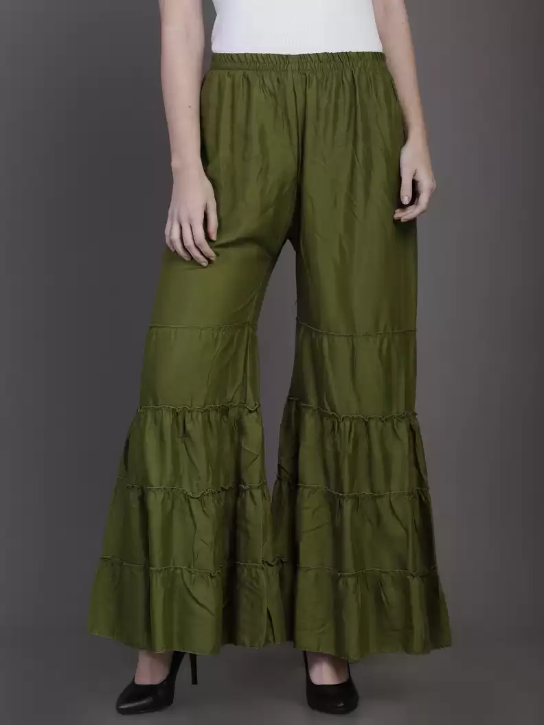 Stacked Flame Regular Fit Women Green Rayon Trousers