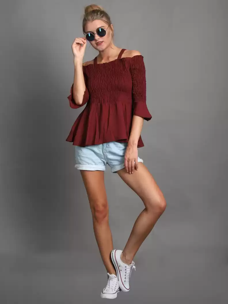 TANDUL  Casual Regular Sleeves Solid Women Maroon Top