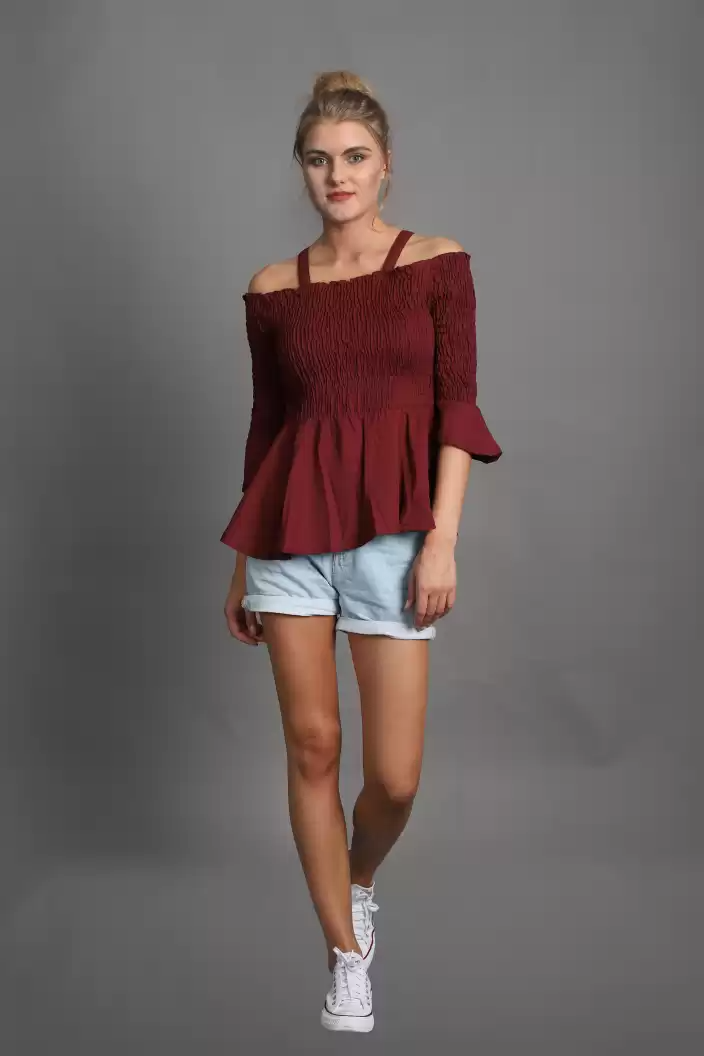 TANDUL  Casual Regular Sleeves Solid Women Maroon Top