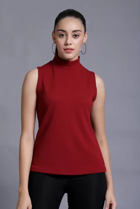 Casual Sleeveless Solid Women Maroon Top