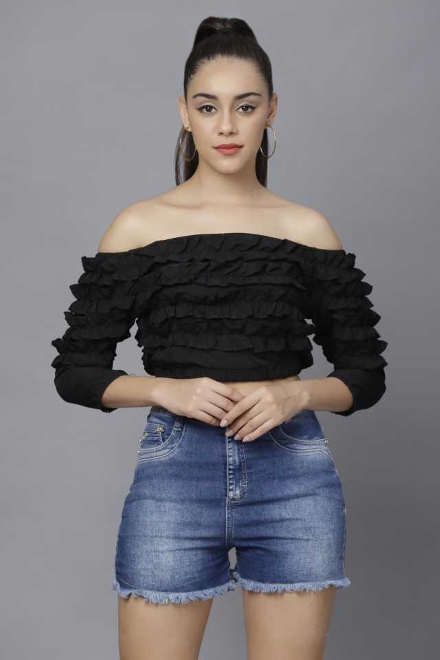 Stacked Flame Casual Regular Sleeves Solid Women Black Top