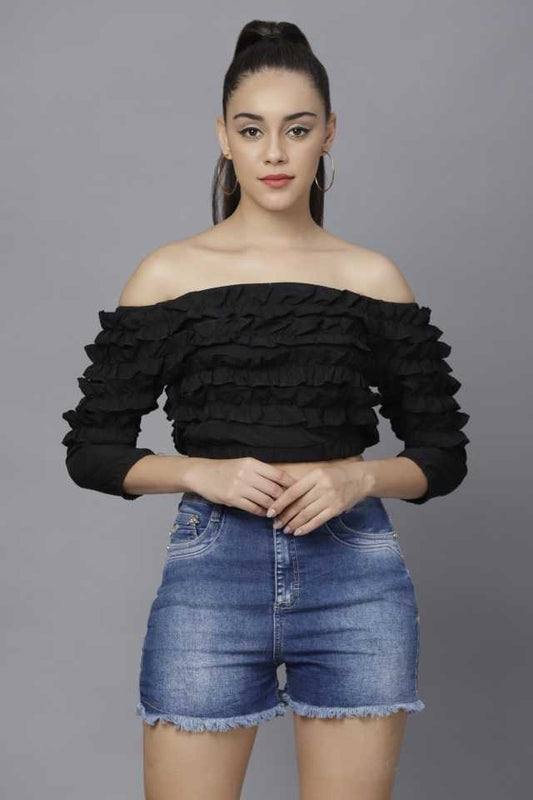 Stacked Flame Casual Regular Sleeves Solid Women Black Top