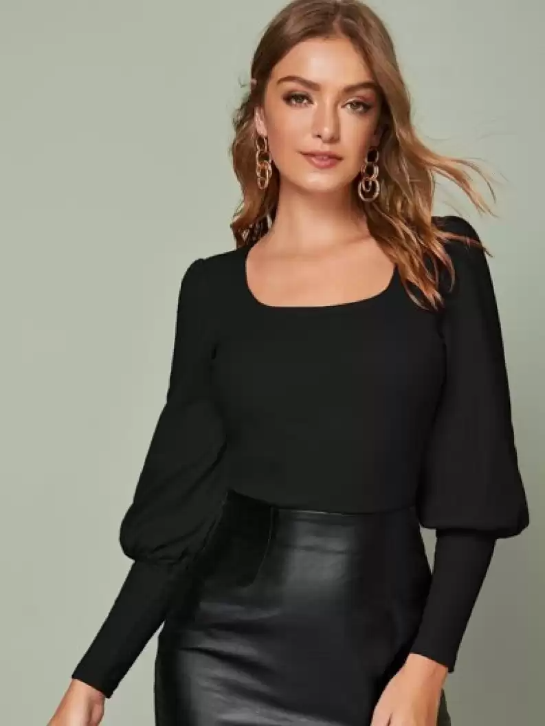 TANDUL  Casual Bishop Sleeve Solid Women Black Top