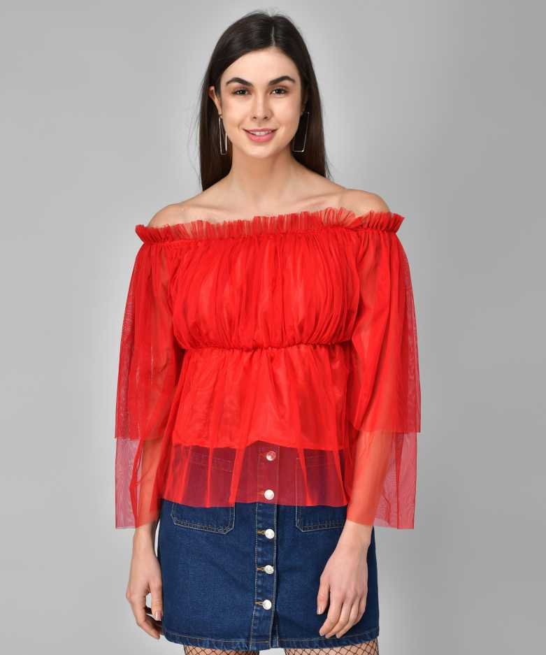 Casual Regular Sleeves Printed Women Red Top