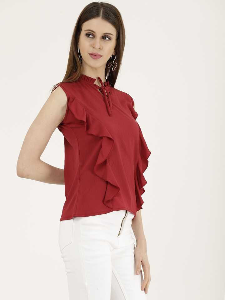 TANDUL  Casual Sleeveless Solid Women Maroon Top