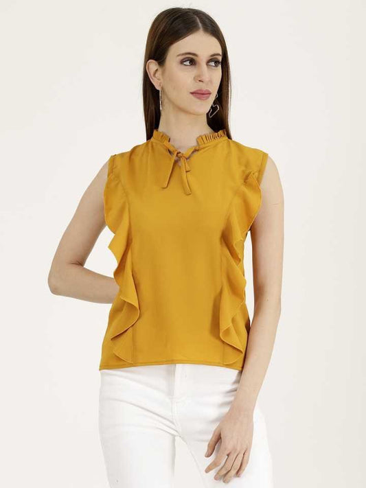 TANDUL  Casual Sleeveless Solid Women Yellow Top