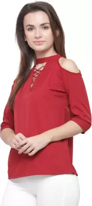 Casual Solid Women Maroon Top